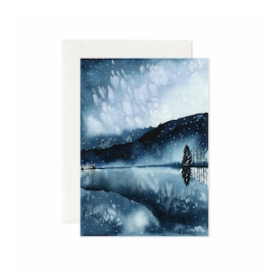cartão divino do feriado da noite | Cartão de Natal em aquarela de paisagem de inverno