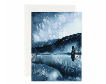 Goddelijke kerstkaart van de nacht | Winterlandschap aquarel kerstkaart