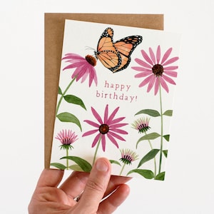 de aniversário de Coneflower e de monarca | Cartão de aniversário em aquarela para jardineiros e amantes da natureza
