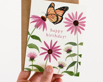 Coneflower and Monarch Birthday Card | Birthday Watercolor Card for Gardener and Nature Lovers