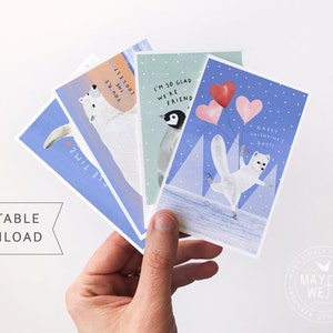 Tarjetas de San Valentín para imprimir / Lindas tarjetas de San Valentín para niños hechas a mano con osos polares, focas, pingüinos y zorros
