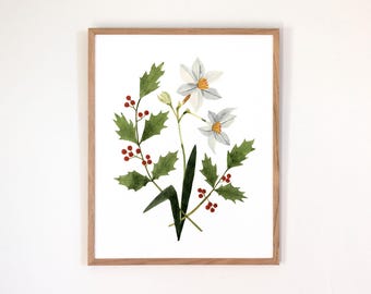 Bloemenprint geboorte december | Aquarel papierwit + hulst | Ingelijste of ingelijste gicleekunstdruk