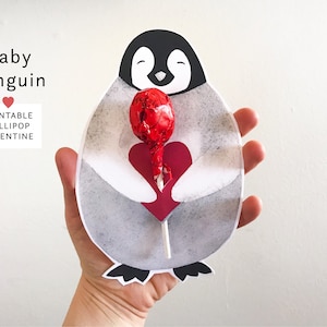 Tarjeta de San Valentín con forma de piruleta para imprimir con forma de pingüino bebé / Tarjeta de San Valentín divertida y linda para hacer tú mismo