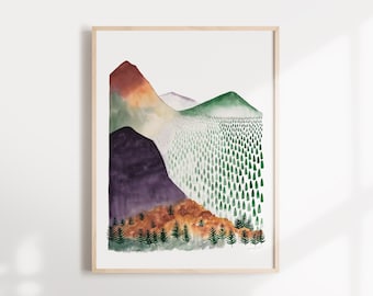 Gicléekunstdruk bergochtend | Handgeschilderde aquarel muurkunst berglandschap
