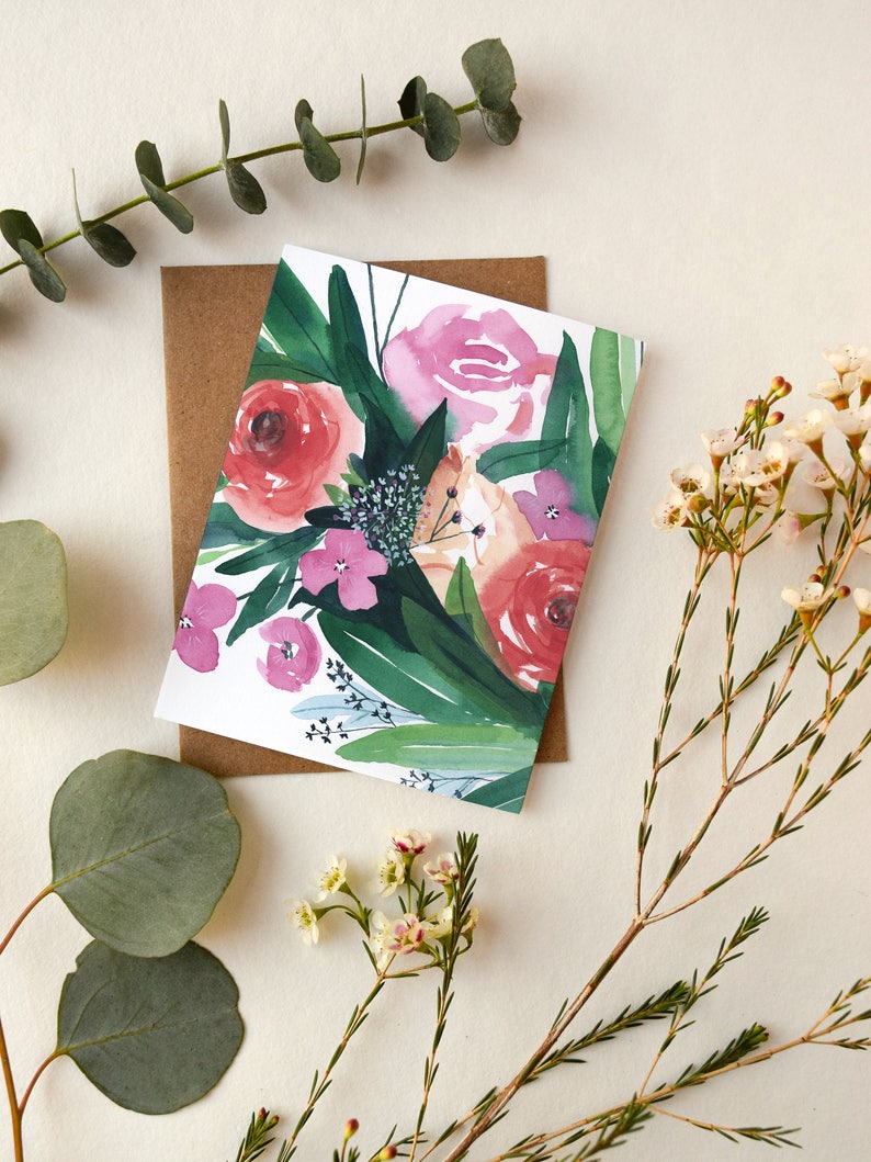 Spring Gathering Greeting Card Watercolor Botanical Artwork image 1