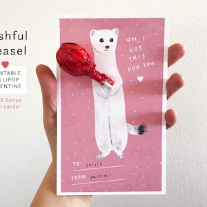 Tarjeta de San Valentín imprimible con la comadreja tímida / Tarjeta de San Valentín divertida y linda de Lollipop Kids