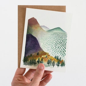 Manhã da montanha cartão comemorativo | Arte de paisagem em aquarela | Cartão de aventura ao ar livre