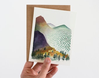 Wenskaart ochtend berg | Aquarel landschapskunstwerk | Outdoor-avonturenkaart