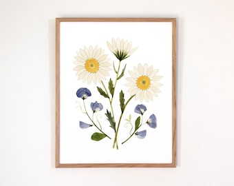 April Birth Flower Print | Watercolor Daisies + Sweetpeas | Framed or Unframed Giclee Art Print