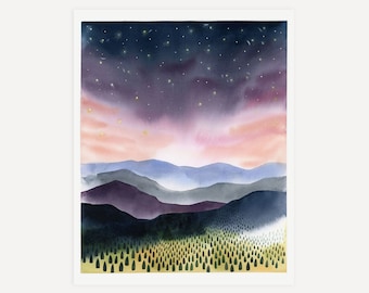 Onder de dag-blinde sterren kunstprint | Handgeschilderd aquarellandschap van Leana Fischer