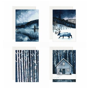 Conjunto de cartões sortidos Snowy Night | Conjunto misto de cartões de Natal em aquarela com paisagens de inverno