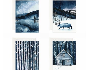 Snowy Night Assorted Card Set | Winter Landscape Mixed Set of Watercolor Christmas Cards