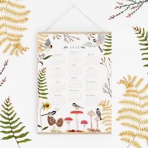2025 Jahr auf einen Blick 18x24 Aquarell Wandkalender | Wandkalender mit Farn, Pilz und Meise Waldwald
