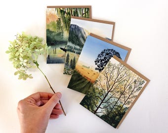 Set wenskaarten met aquarel landschap | Notitiekaarten voor ochtend en avond