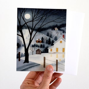 Tarjeta de vacaciones de invierno de días atemporales / Tarjeta de acuarela acogedora de noche nevada