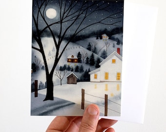 Tijdloze vakantiekaart van de Winter van Dagen | Besneeuwde nacht gezellige aquarelkaart