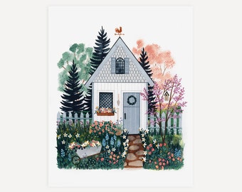 Tuinhuisje aquarel kunstprint | Handgeschilderde aquarelillustratie door Leana Fischer