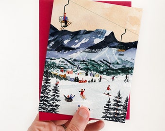 Ski Town Holiday Card | Mountain Ski Slope Watercolor Card | Cheerful Christmas Card