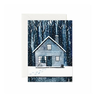 Cartão de feriado da cabine do Natal | Cartão de Natal em aquarela de paisagem de inverno