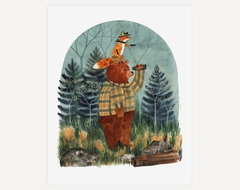 Adventure Pals-kunstafdruk | Grillige handgeschilderde aquarel illustratie vos en beer