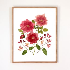 June Birth Flower Print | Watercolor Rose + Honeysuckle | Framed or Unframed Giclee Art Print