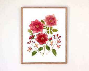 Bloemenprint geboorte juni | Aquarelroos + kamperfoelie | Ingelijste of ingelijste gicleekunstdruk