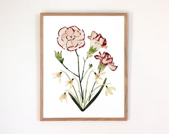 Bloemenprint geboorte januari | Aquarelanjer + sneeuwklokjes | Ingelijste of ingelijste gicleekunstdruk