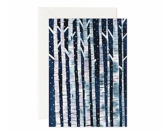 Kerstkaart met aquarel berkenboom | Vakantie winterlandschap