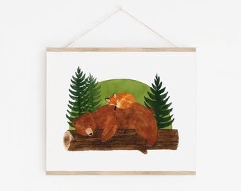 Nap Time Art Print | May We Fly Watercolor Fox & Bear Wall Art by Leana Fischer