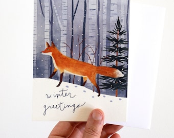 Winter Fox Holiday Card | May We Fly Watercolor Landscape Card by Leana Fischer