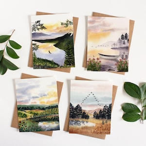 Wenskaartenset Stille aarde | Wenskaarten aquarellandschap door Leana Fischer | Moge we vliegen aquarel notitiekaarten