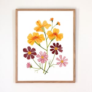 October Birth Flower Print | Watercolor Marigold + Cosmos | Framed or Unframed Giclee Art Print