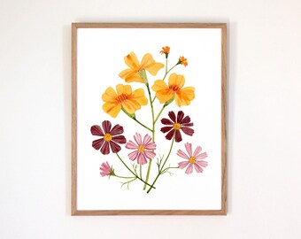 Bloemenprint geboorte oktober | Aquarel goudsbloem + kosmos | Ingelijste of ingelijste gicleekunstdruk