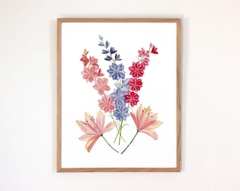 July Birth Flower Print | Watercolor Rose + Honeysuckle | Framed or Unframed Giclee Art Print