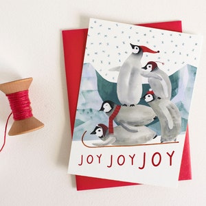 Toboggan Ride Christmas Card | Winter Penguins Watercolor Card | Cheerful Christmas Card | Joy