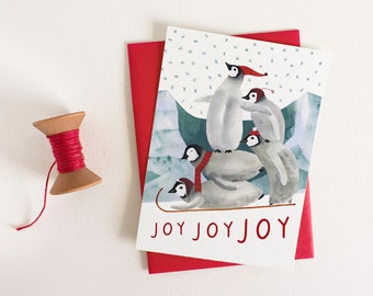 Penguin Toboggan Ride Christmas Card | Watercolor Holiday Joy
