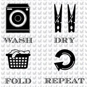 May include: Black and white illustration of a laundry cycle. The illustration shows a washing machine, clothes pins, a laundry basket, and a circular arrow. The text "WASH", "DRY", "FOLD", and "REPEAT" is included in the illustration.