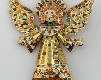 Vintage Bob Mackie Mosaic Angel Brooch - Gold Tone Celestial Pin - Holiday or Collectible Gift