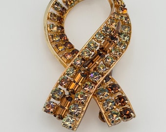 Vintage Topaz and Aurora Borealis Rhinestone Ribbon Brooch from Western Germany