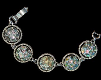 Vintage Sarah Coventry Iridescent Cabochon Bracelet - Northern Light Textured Discs - Silver Tone Link Bracelet
