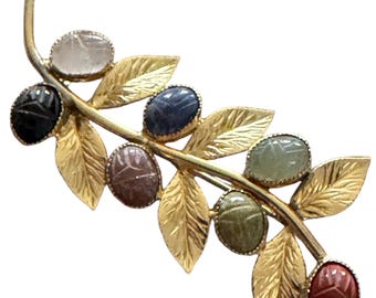 Vintage Egyptian Revival Brooch – Gold Tone Carved Gemstone Leaf Statement Jewelry
