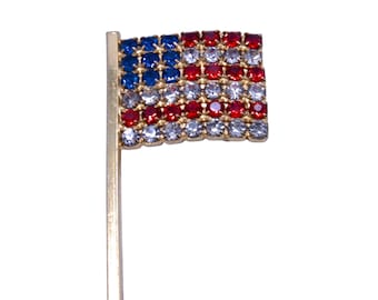 Broche con pedrería de la bandera estadounidense - Bandera de EE. UU. con cristales en tono dorado - Pin de solapa rojo, blanco y azul