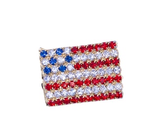 Broche vintage con pedrería de la bandera estadounidense - Alfiler patriótico de cristal rojo, blanco y azul