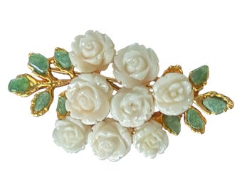 Vintage Signed Swoboda White Rose Brooch with Carved Coral and Jade - Flower Design