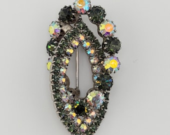 Vintage Black and Aurora Borealis Rhinestone Brooch - Striking Mid-Century
