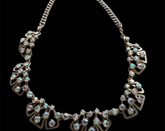 Vintage Aurora Borealis Rhinestone Set in Gold Tone Choker Necklace