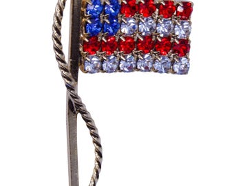 Broche vintage con pedrería de la bandera estadounidense - Alfiler patriótico de cristal rojo, blanco y azul