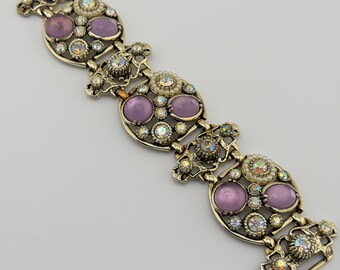 Vintage Signed SELRO AB & Lavender Bracelet - Chunky Gold Tone Link Bracelet - Designer Statement Jewelry