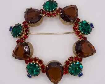 Broche vintage con corona de diamantes de imitación - Broche circular de cristal verde esmeralda y marrón ámbar - Joyería llamativa para las fiestas