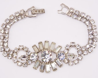 Pulsera de diamantes de imitación de los años 40 – Centro con diseño floral en forma de sol, glamour del viejo Hollywood.